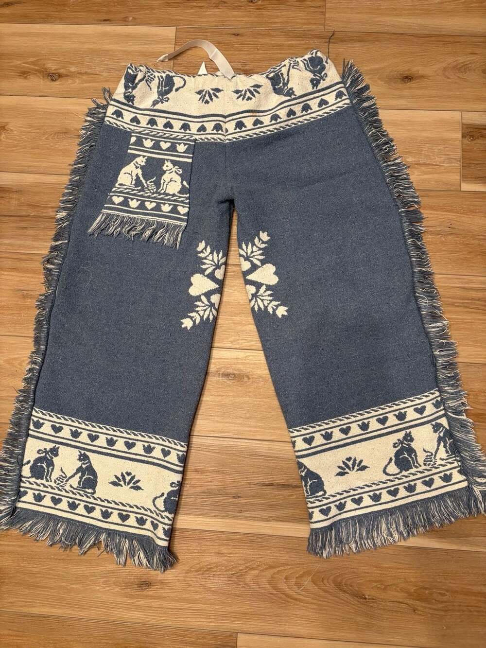 1of1 Handmade Tapestry Kitty Cat Print Drawstring Blanket Pants Fringe - Picture 6 of 8